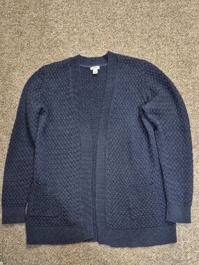 L.L. Bean Blue Navy Cotton Basket-Weave Open-Front Sweater Cardigan Size Large